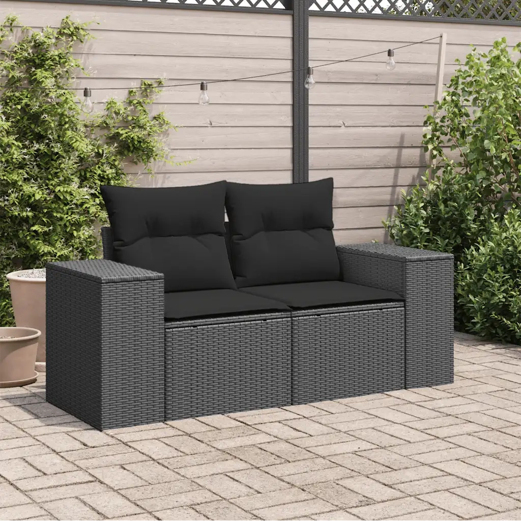 Divano da giardino con cuscini 2 posti nero in polyrattan 365974