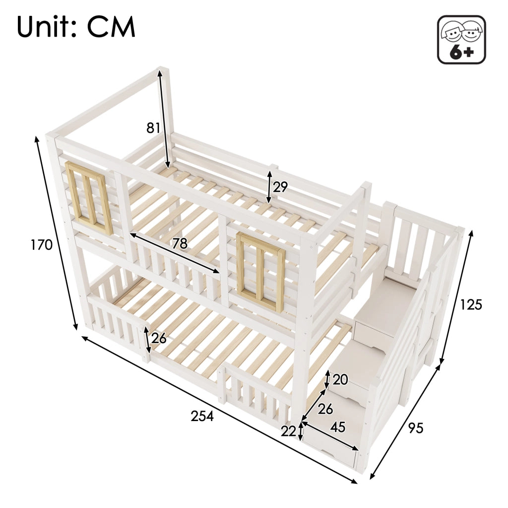 Letto a castello 90x200 cm in stile casetta con scaletta contenitore; bianco