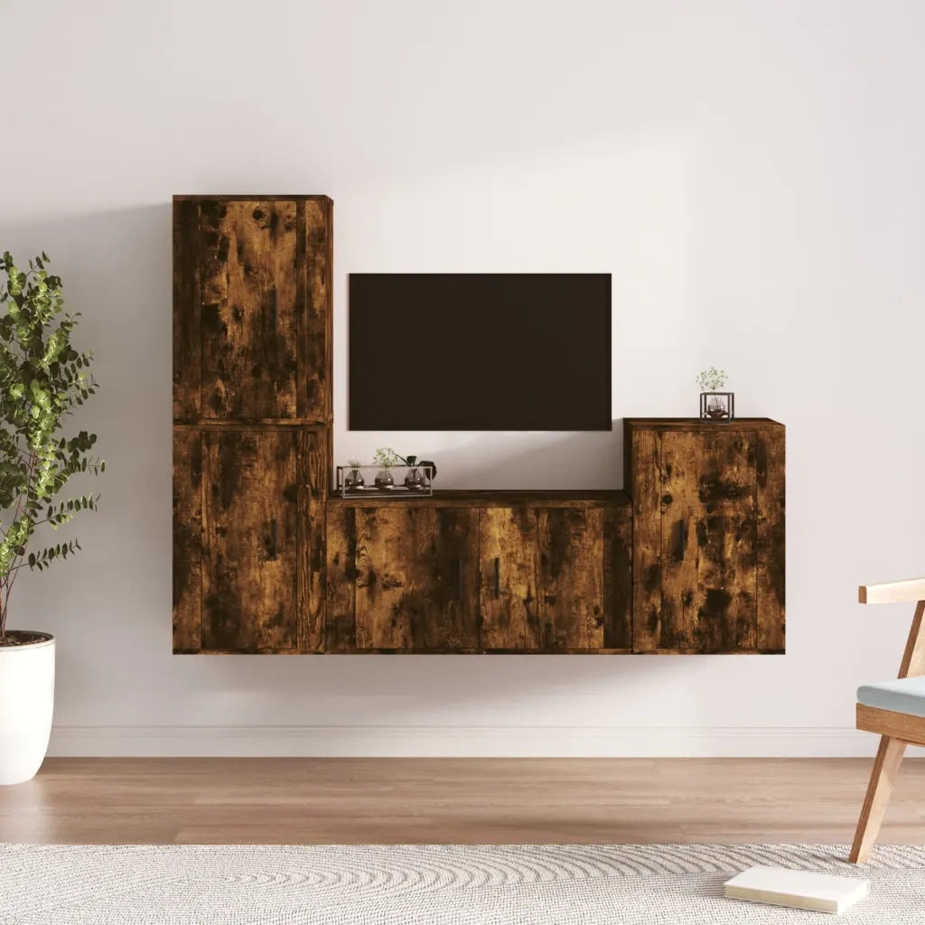 Set di Mobili Porta TV 4 pz | Armadietto TV | Mobile Porta TV Rovere Fumo in Legno Multistrato