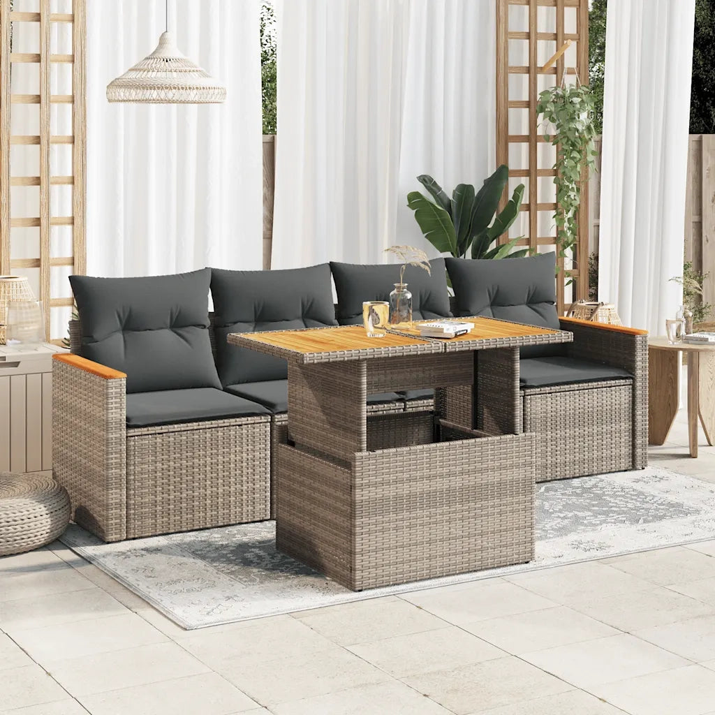 Set Divano Giardino 5 pz con Cuscini-Sofa da Giardino-Divanetto da esterno Grigio Polyrattan Acacia 824123