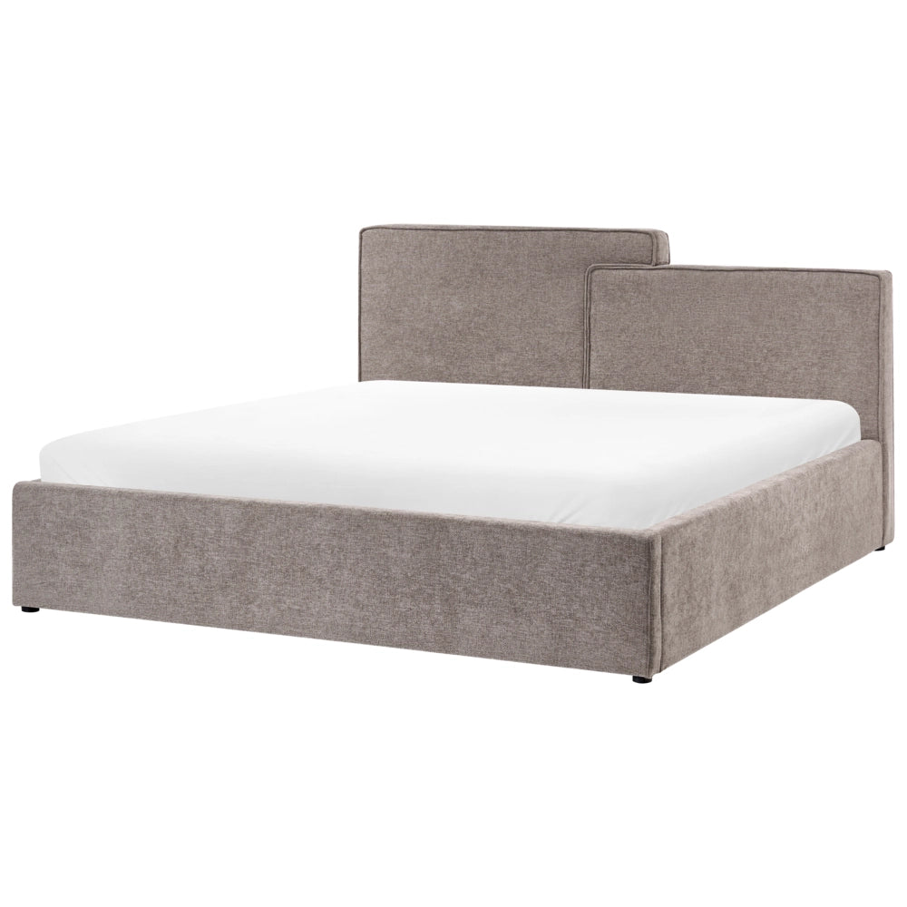 Letto contenitore rivestito in tessuto grigio marrone 180 x 200 cm testiera asimmetrica a gradini in stile scandinavo