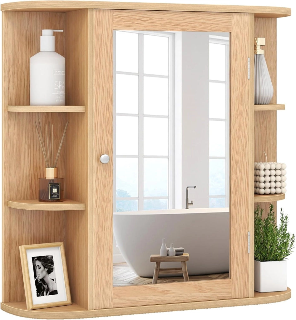 Specchio Bagno Contenitore 66 x 17 x 63 cm, Mobile bagno in Legno Appeso con Mensole Regolabili e Ante, Armadietto Multiuso dei Medicinali per Bagno, Salone e Cucina (Naturale)