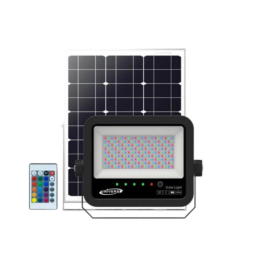 Faro Solare RGB 80W con Telecomando, Pannello Solare , 300 Lumen, Modalità Flash/Strobo/Fade/Smooth, Resistente IP65, Illuminazione Esterni Ecologica