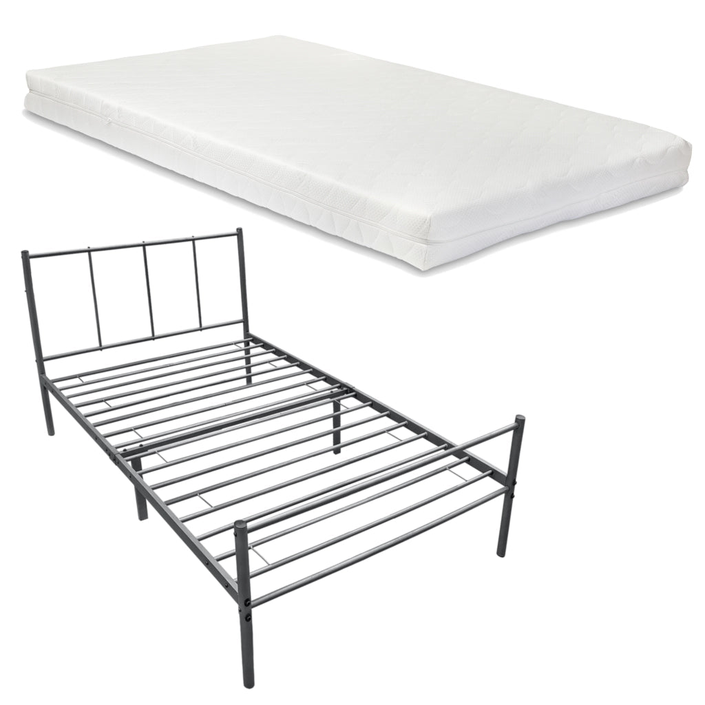 Struttura Letto in Metallo con Testiera e Pediera con Materasso a Schiuma Fredda 90 x 200 cm Letto Singolo per Adulti/Ragazzi - Grigio Scuro