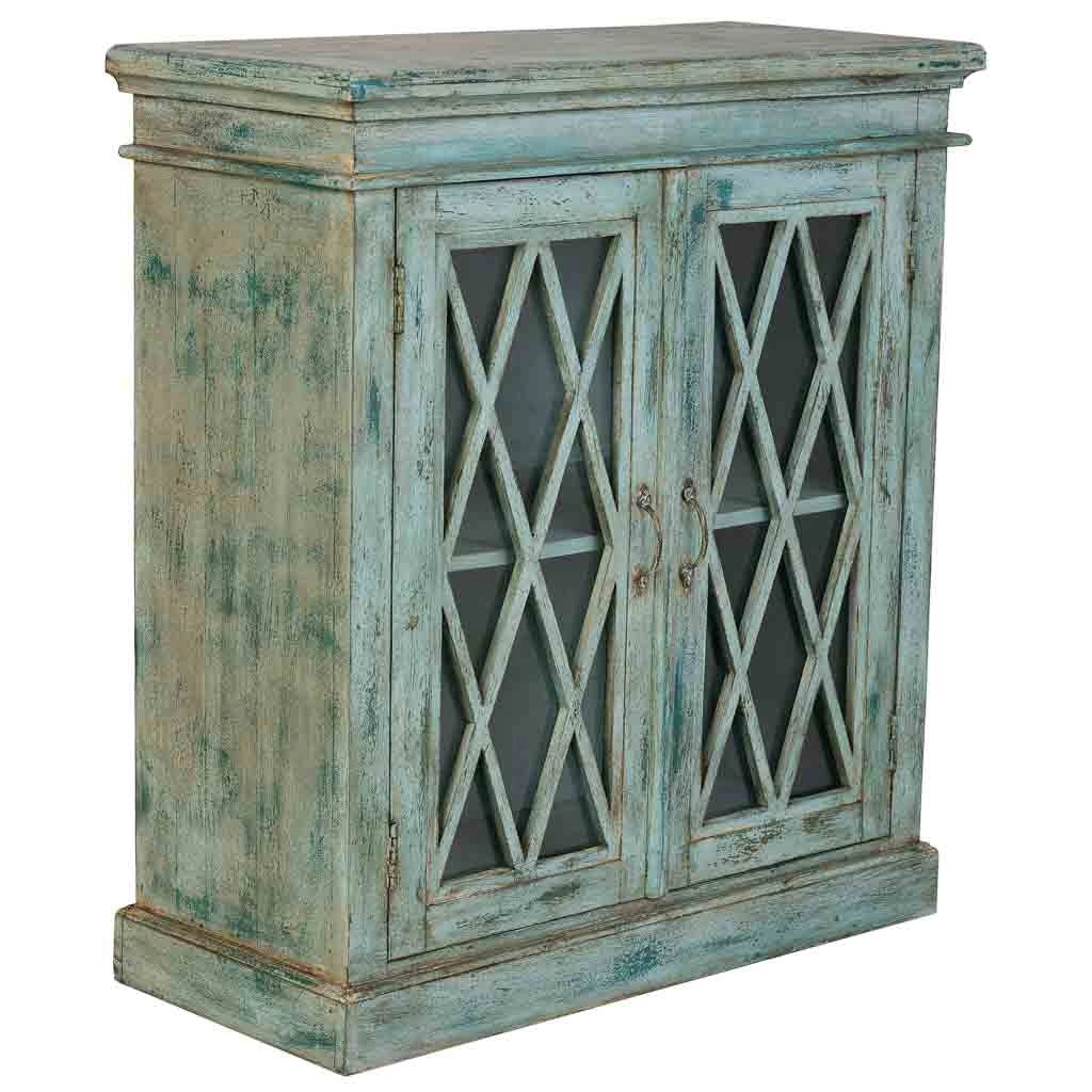 Credenza in legno e vetro con 2 ante, blu 90x40x100h cm