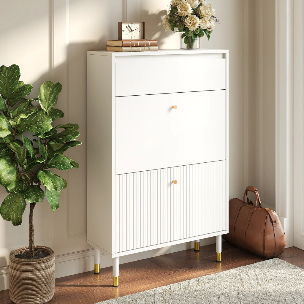 Scarpiera stretta con 2 vani a ribalta e cassetto 65x24x104 cm bianca