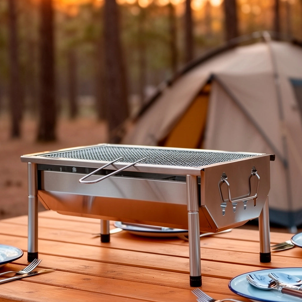 Barbecue A Carbone Portatile In Acciaio Inox Con Griglia Rimovibile Gambe Regolabili Design Compatto Salvaspazio Per Campeggio Picnic Giardino Terrazza Outdoor 40 X 28 X 21.5 Cm Acciaio