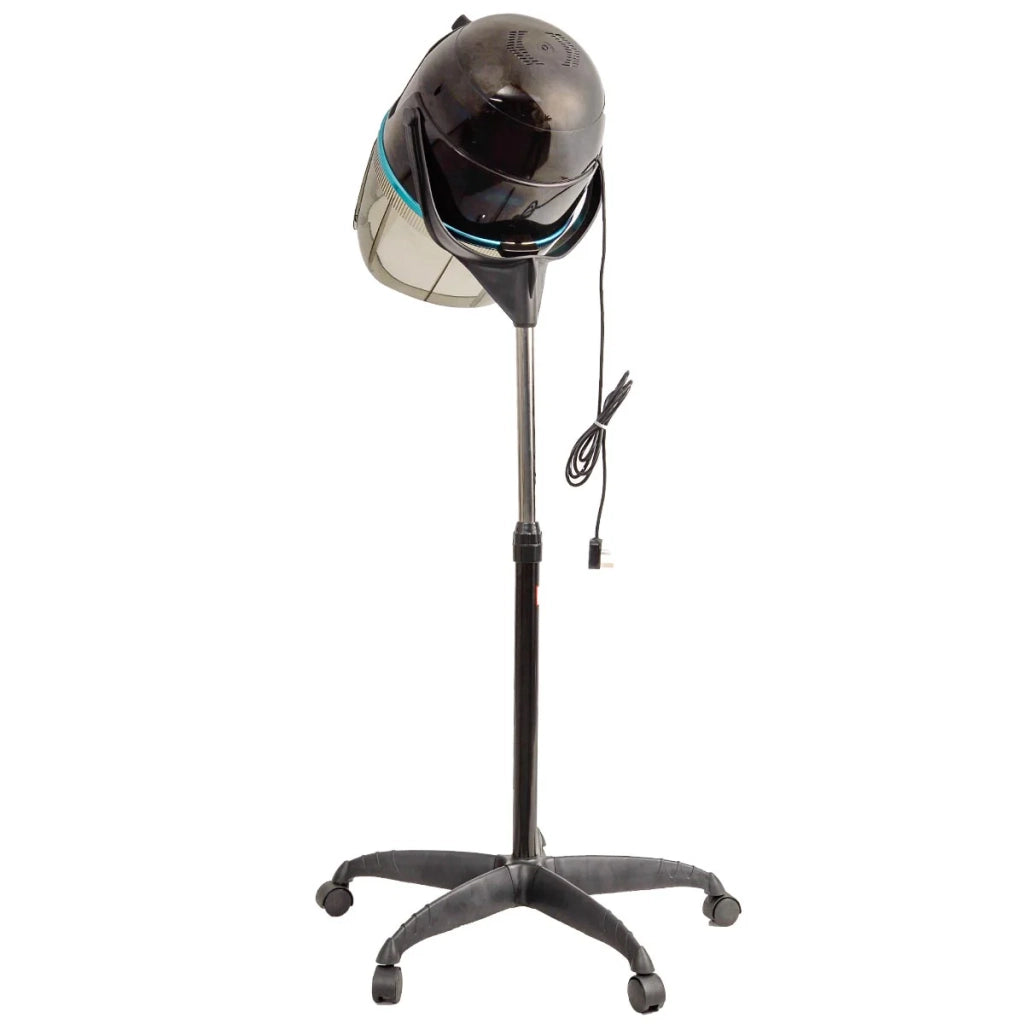 Asciugacapelli professionale con casco su supporto regolabile 125-160 cm con timer e funzioni per la cura dei capelli struttura in acciaio nero 20_0019626