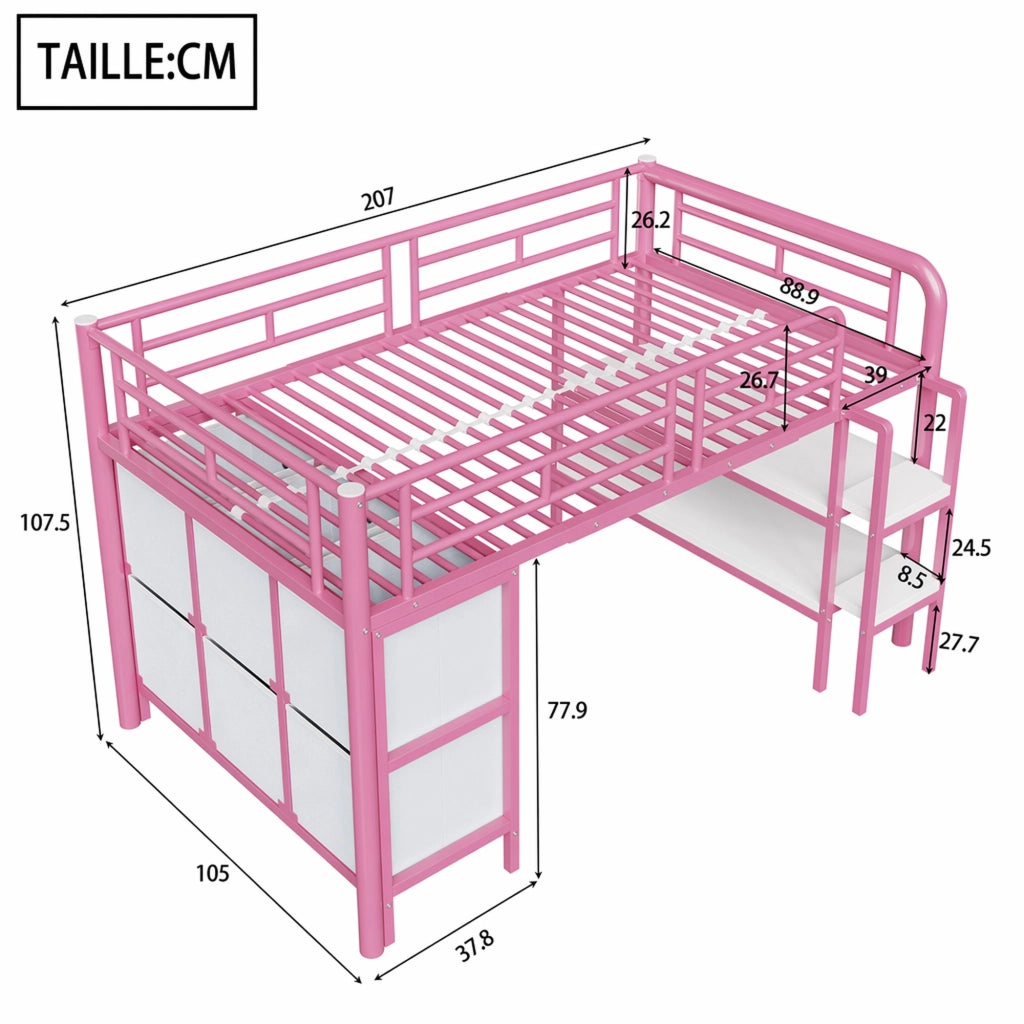 DESMIU Letto a soppalco per bambini 1 posto con scala larga, cassetti e ripiani, 90 × 200 cm, senza materasso, rosa