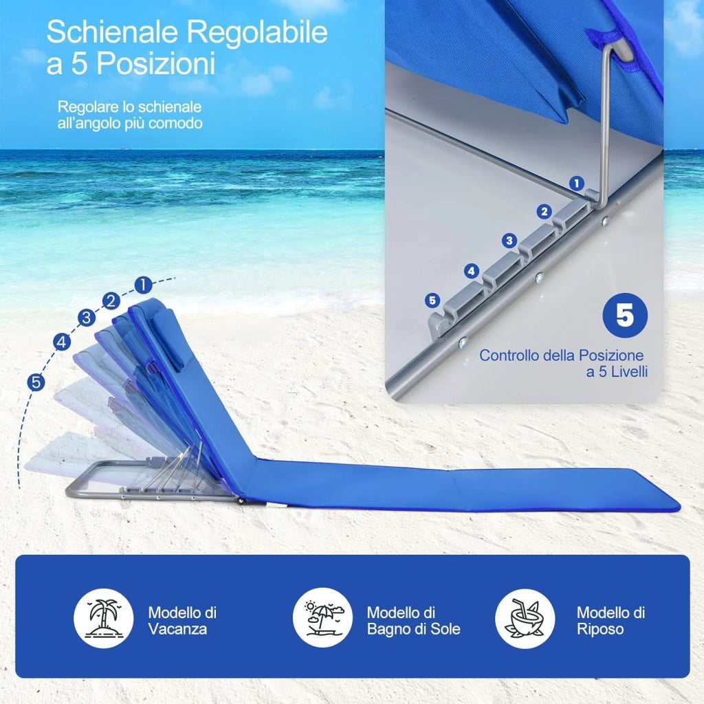 Set 2 Sdraio da Spiaggia con Tavolino, Tappettino Spiaggia Pieghevole con Schienale Reclinabile, Poggiatesta e Tasca Posteriore, Portatile con Manico, per Giardino e Campeggio (Blu)