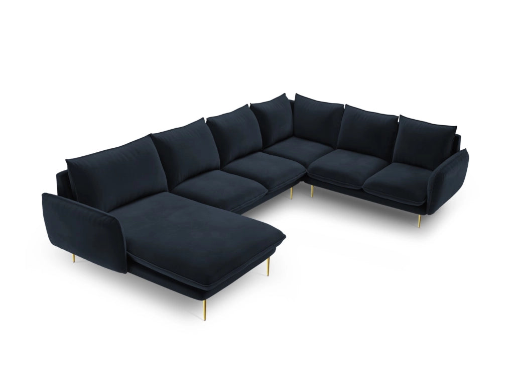 Cosmopolitan Design - Divano panoramico destro "Vienna" 7 posti in velluto blu scuro 