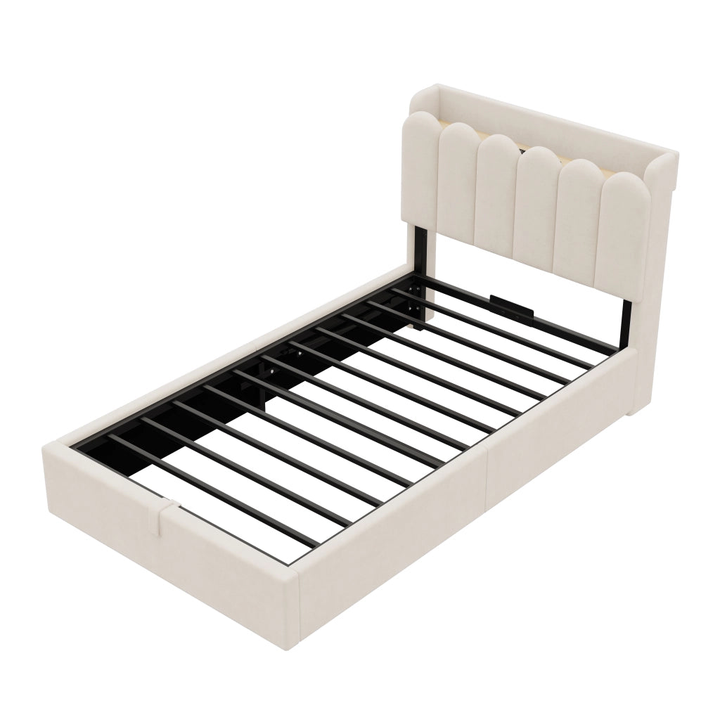 Letto singolo per bambini con contenitore idraulico, rete a doghe, testiera imbottita, porte USB e Type-C, velluto beige