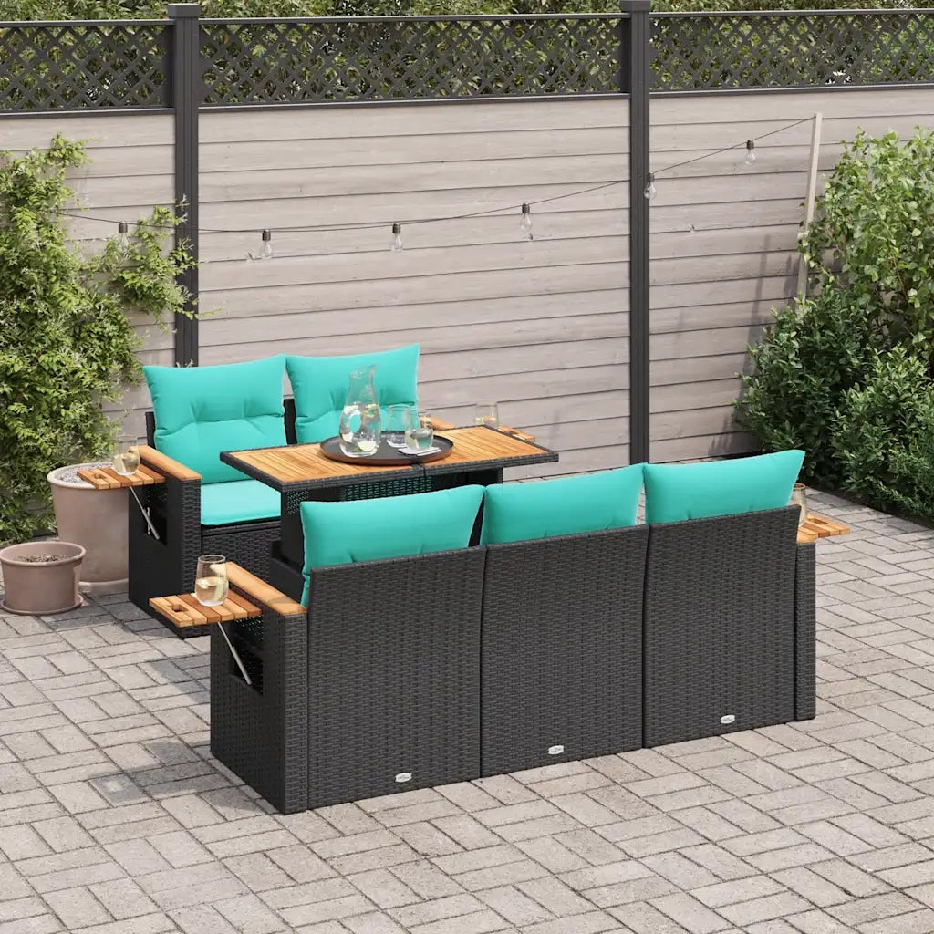 Set Divano da Giardino 6 pz con Cuscini Nero in Polyrattan
