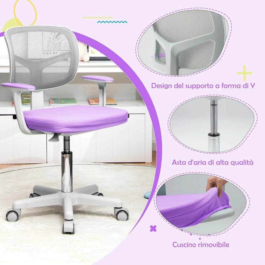 Sedia per Scrivania per Bambini, Sedia per Computer per Bambini con Altezza Regolabile, Ruote con Freni, Sedile Girevole a Rete, Sedia Ergonomica per Bambini 3-10 Anni (Viola chiaro)