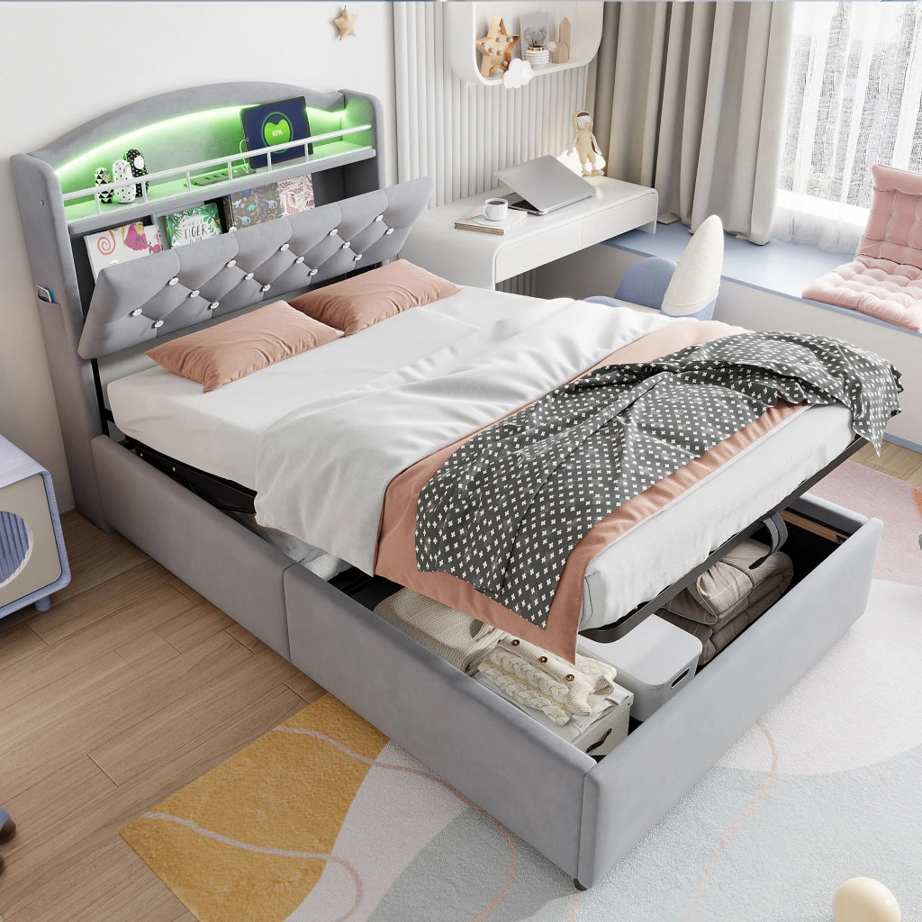 OKWISH Letto con Contenitore 90×200 cm, Letto Singolo con LED Regolabile, USB, Type C e Vano Contenitore, senza Materasso, Grigio