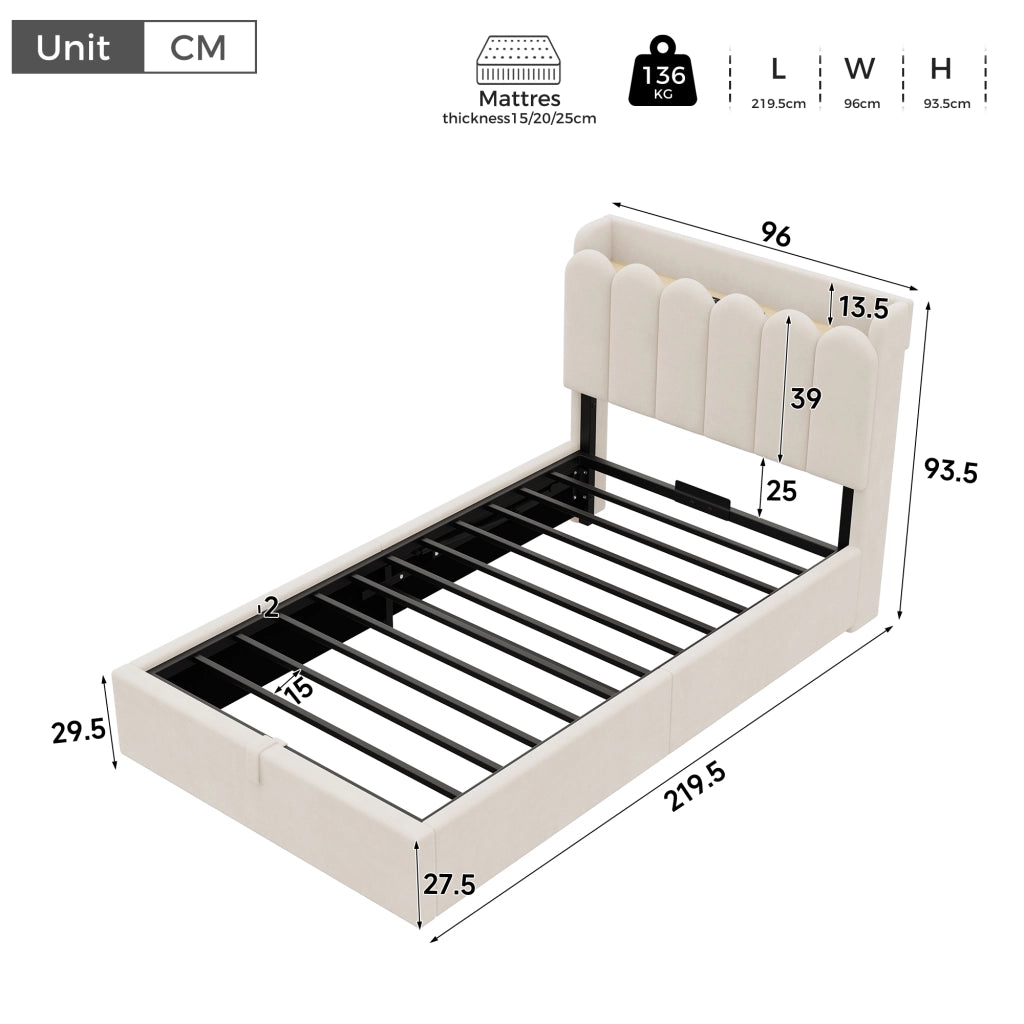 Letto singolo per bambini con contenitore idraulico, rete a doghe, testiera imbottita, porte USB e Type-C, velluto beige
