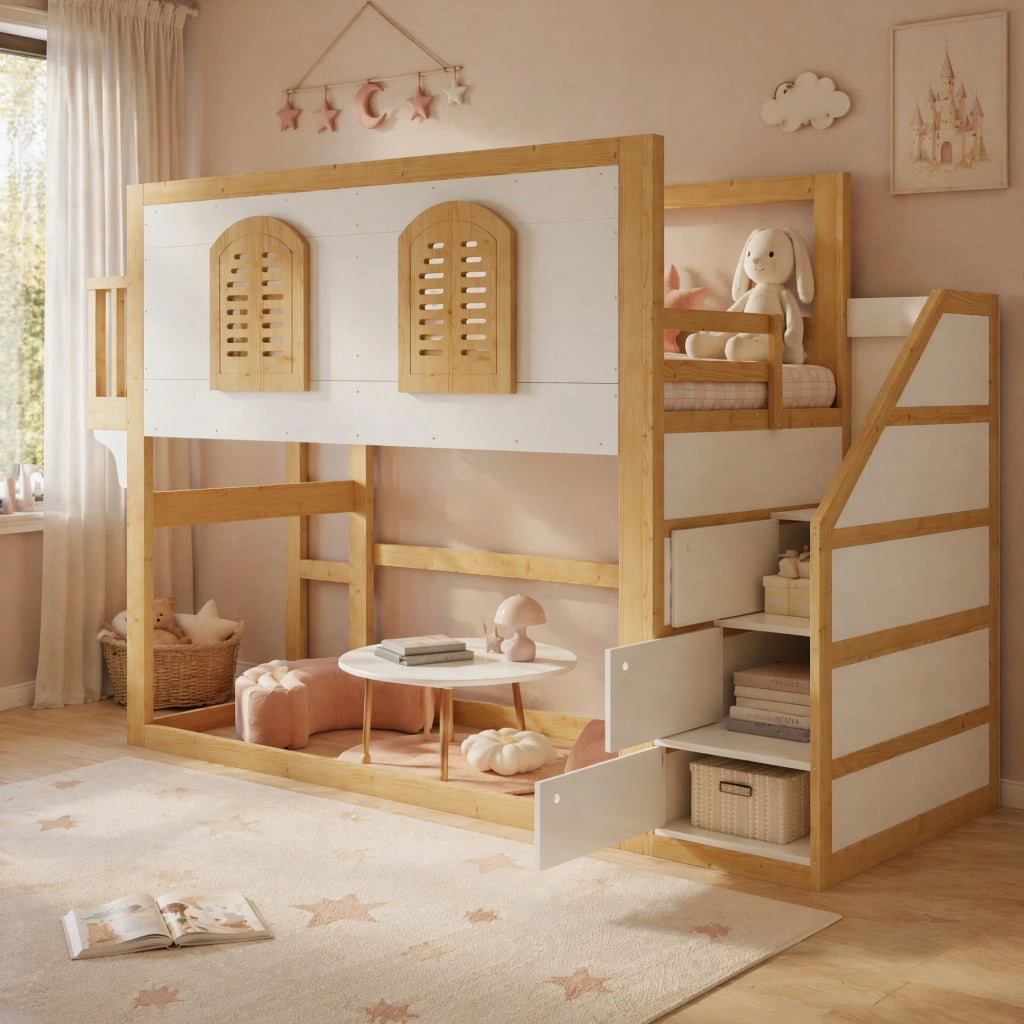 Letto a Soppalco 90 x 200 cm con Scala Contenitore; Area Gioco e Finestra in Legno