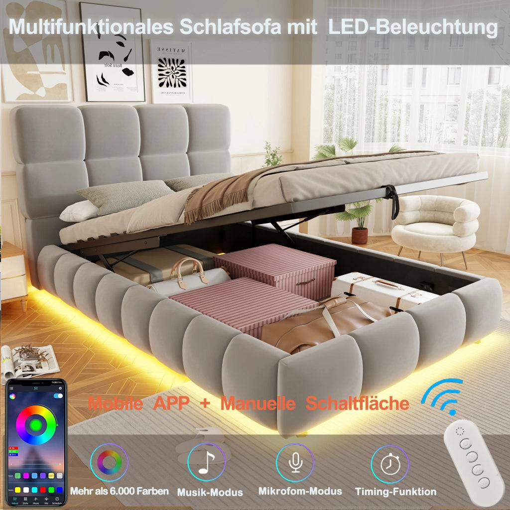DESMIU Letto imbottito 90 × 200 cm 1 posto con contenitore idraulico e striscia LED regolabile, senza materasso, in velluto, grigio