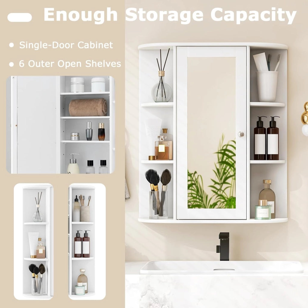 Armadietto Bagno a Parete, Mobiletto Pensile con Ante di Specchio, 6 Scomparti Laterali, 2 Colori Disponibili, 60x16,5x70 cm