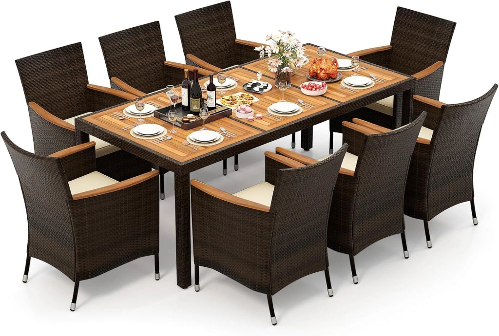 9 Pezzi Set di Mobili da Giardino, Set di Mobili in Rattan PE con Cuscini Rimovibili, 8 Sedie Impilabile e 1 Tavolo, per Giardino Piscina e Cortile