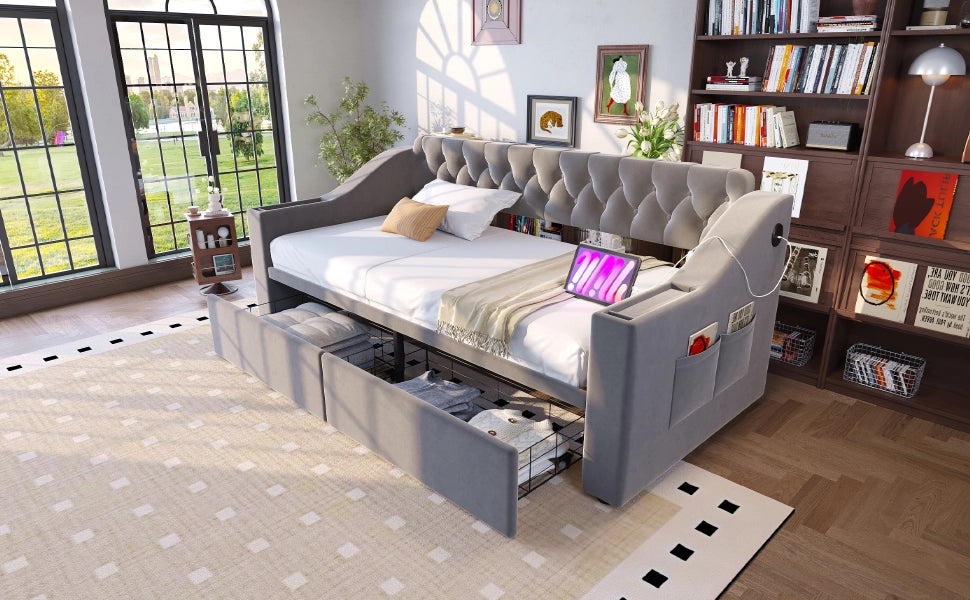 DESMIU Divano letto 90 × 190 cm 1 posto con cassetti, USB e Type-C, senza materasso, in velluto, grigio chiaro