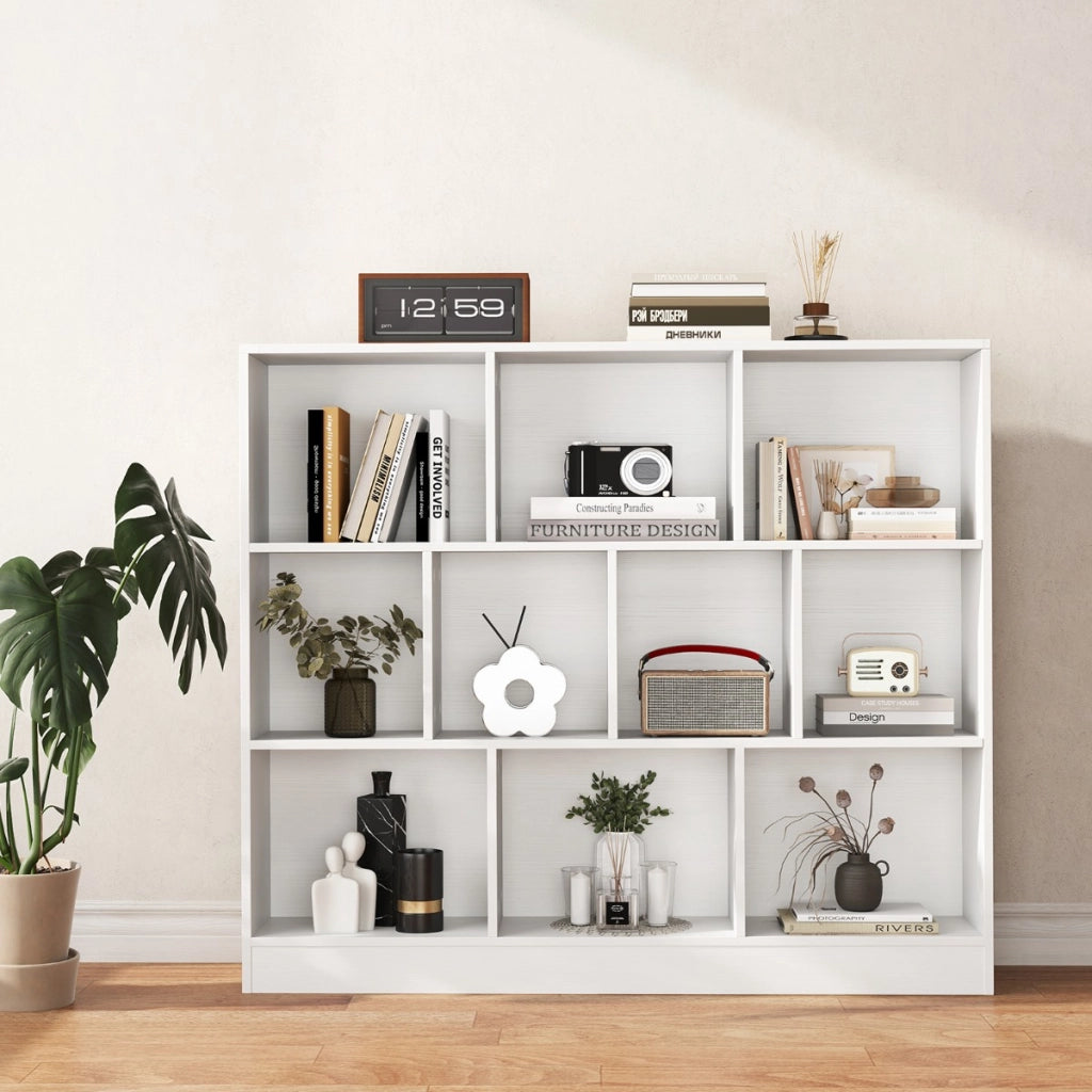 Libreria a 10 cubi con 2 kit anti-ribaltamento, Organizzatore di stoccaggio a 3 ripiani in legno alto 104cm Bianco-Librerie