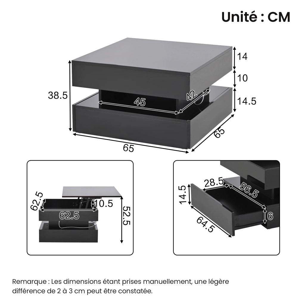 Tavolino da caffè alzabile con 2 Cassetti; Vano Nascosto e LED per Soggiorno; in Truciolare; 65 × 65 × 38.5 cm; Nero