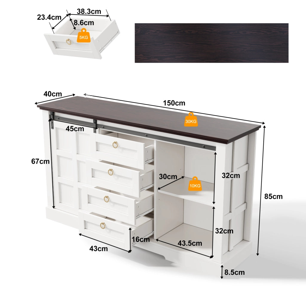 Credenza moderna e rustica 150 x 40 x 85 cm con ante scorrevoli; 4 cassetti; bianca in MDF
