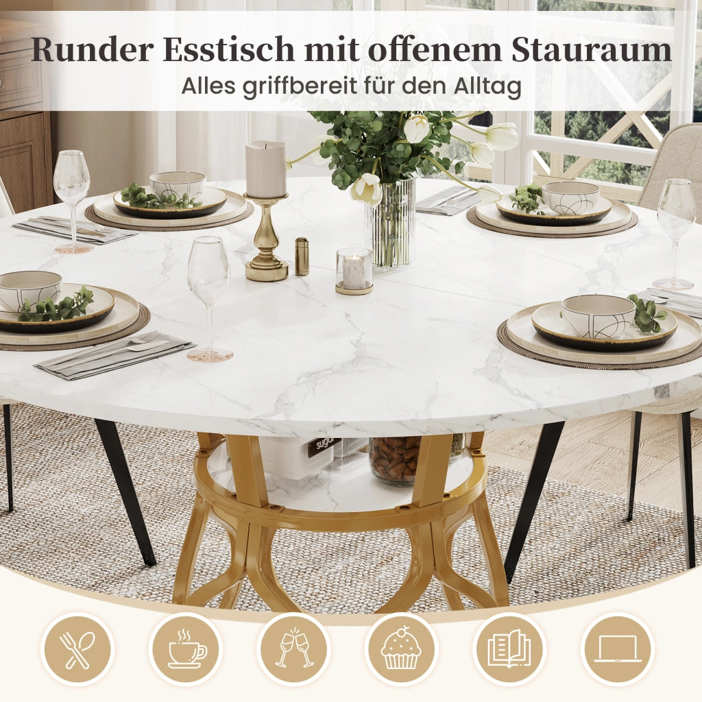 Tavolo da pranzo rotondo con ripiano, per 4-6 persone, in MDF e metallo, bianco e oro, 100 × 100 × 75 cm