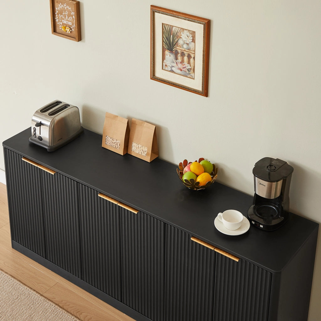 Credenza e madia con 6 ante, design ondulato, per soggiorno e cucina, in MDF, nero, 170 × 40 × 70.5 cm