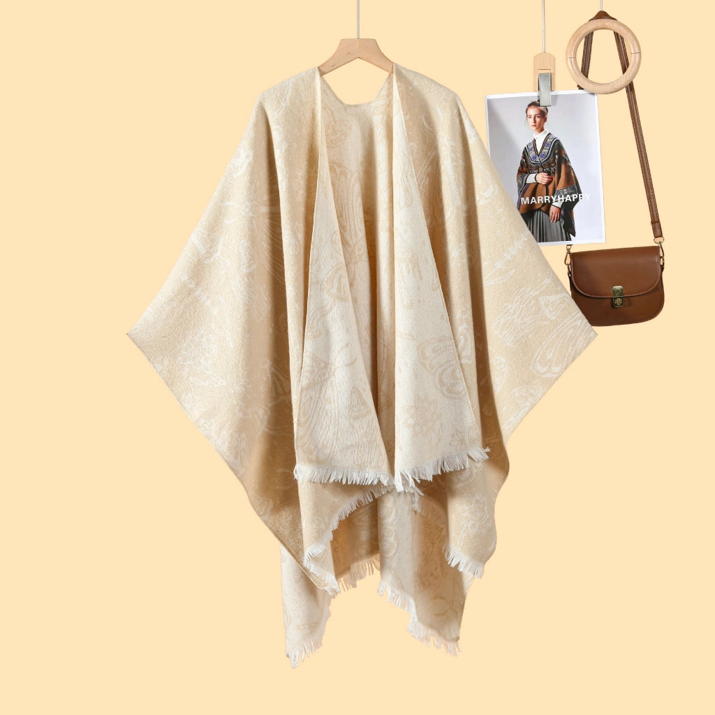 Nuovo mantello/cappotto caldo da donna in jacquard double face, stile pastorale, con spacco laterale.