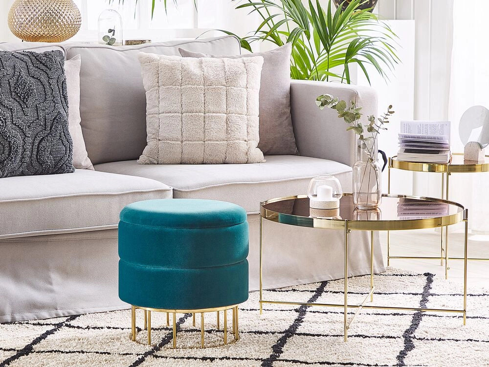 Pouf contenitore Rivestimento in velluto di poliestere blu turchese Base dorata Accessori per soggiorno dal design glamour