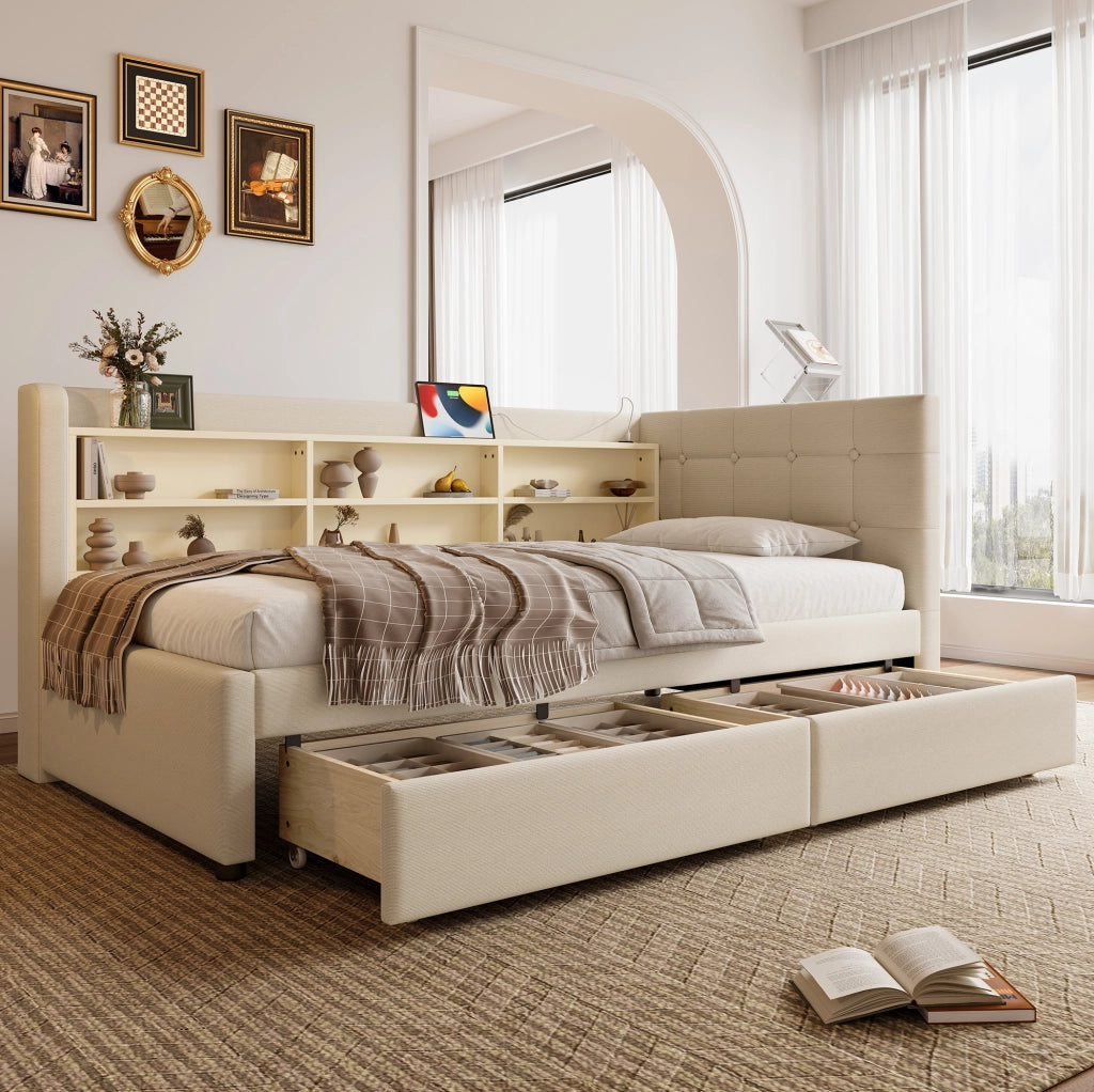 Letto da giorno ULEVR 90x200 cm con 2 cassetti, prese USB e Type-C, ripiani integrati, beige