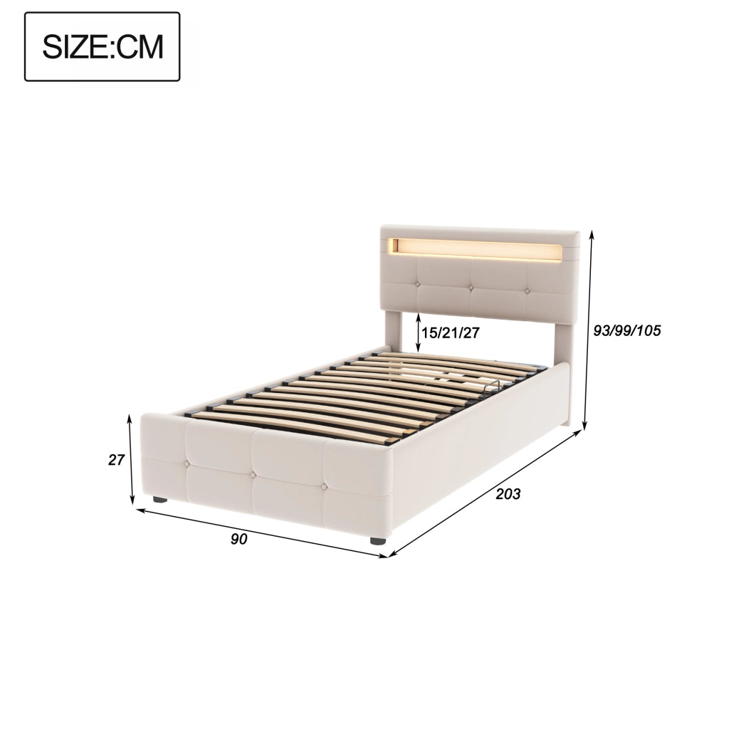 Letto singolo imbottito 90 ¡Á 200 cm con vano contenitore LED testiera regolabile e velluto beige