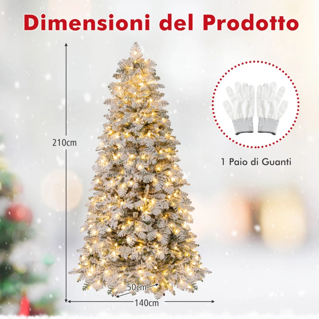 Albero di natale pieghevole con 160 palline luci led e 806 punte di ramo, Albero di natale artificiale innevato da 210 cm Bianco
