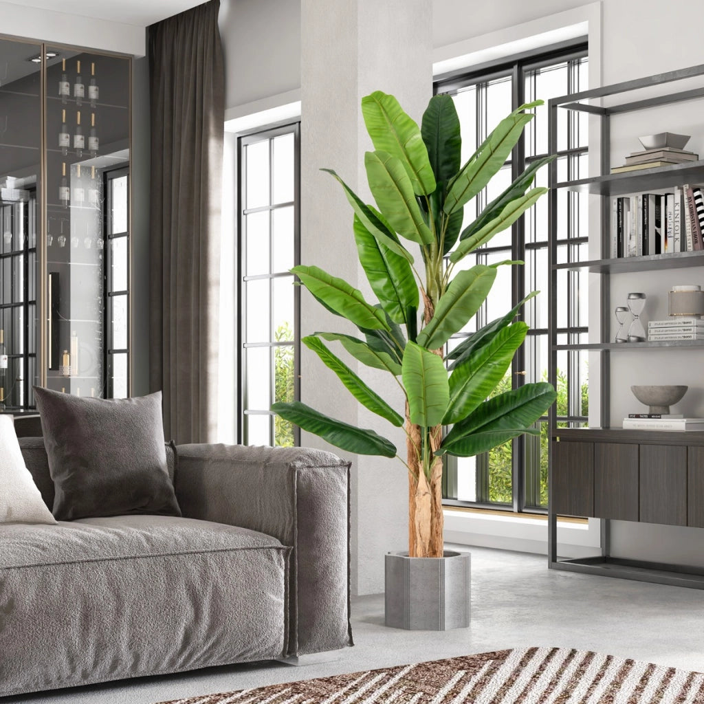 Albero di banana finto con grandi foglie e vaso, Albero di banana artificiale con corteccia naturale alto 195 cm-Piante artificiali