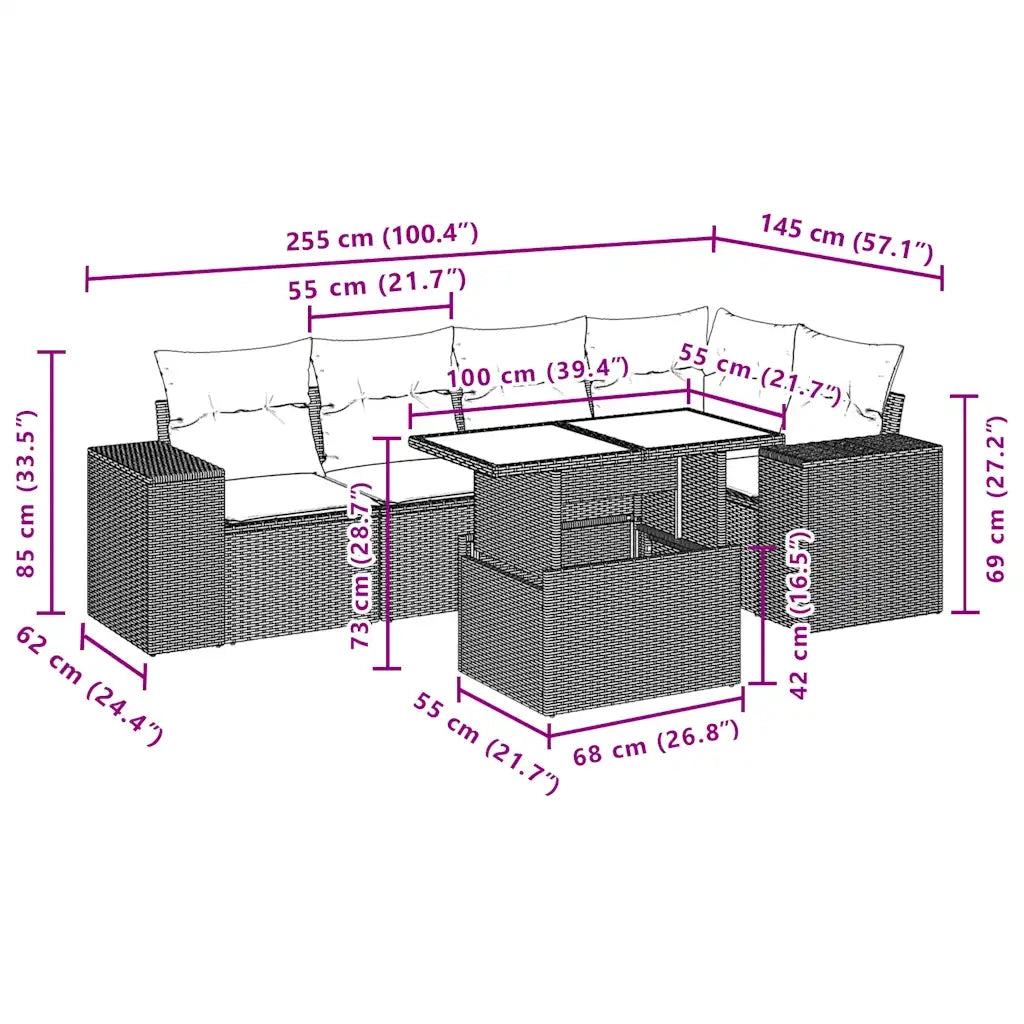 Set Divano da Giardino 6 pz con Cuscini Nero in Polyrattan