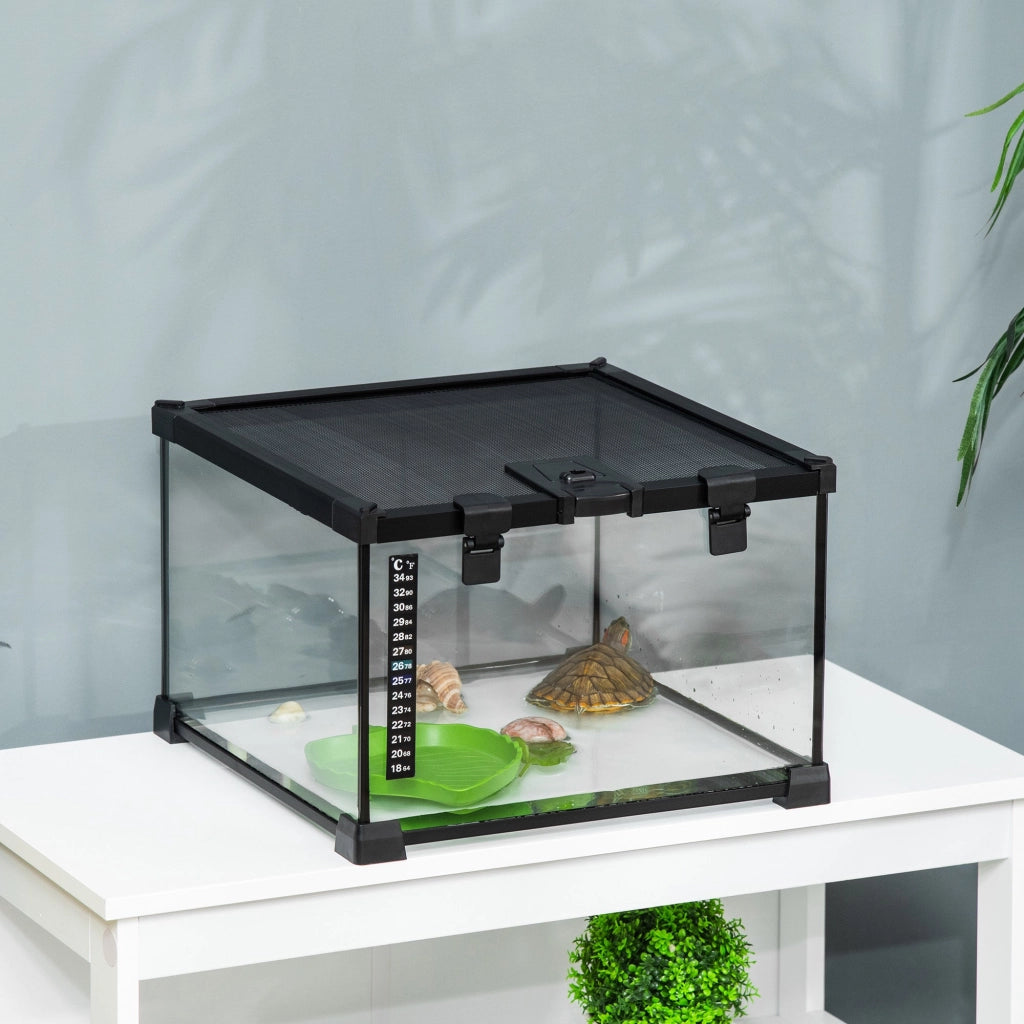 Terrario per Rettili 30x30x20 cm Rialzato con Serratura e Termometro in Vetro e Rete Metallica Nero