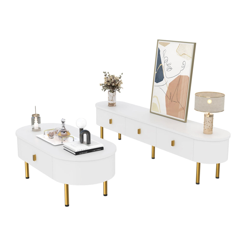 Set tavolino da caffè e mobile TV con cassetti; MDF; bianco e oro