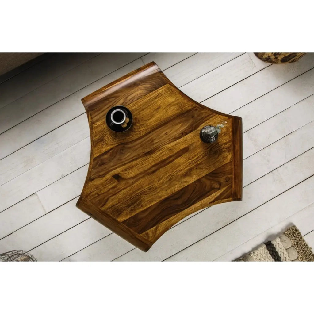 Tavolino basso NERA 90 cm in legno massiccio di Sheesham con nicchia e piedi in metallo nero - stile retro industriale