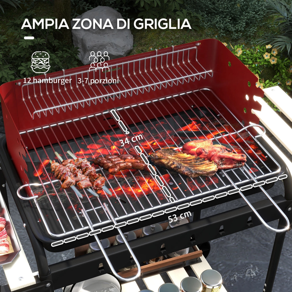 Barbecue a Carbonella con Griglia Regolabile e Ripiani ¨C zephmum ¨C Rosso Metallo Legno 103x47x95 cm