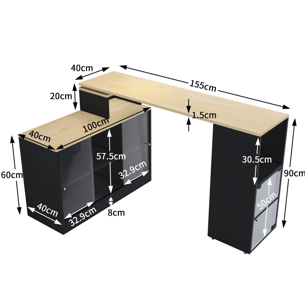 Tavolo bar allungabile con contenitore; mobile con ruote girevoli; MDF e vetro; nero