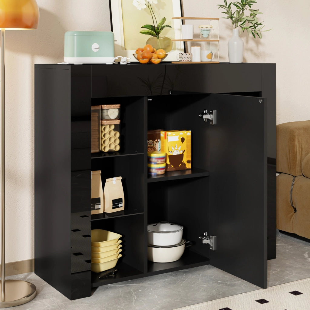 Buffet Nero Moderno con Frontale Laccato a Specchio, Ripiani in Vetro e Porta, 95x35x83 cm