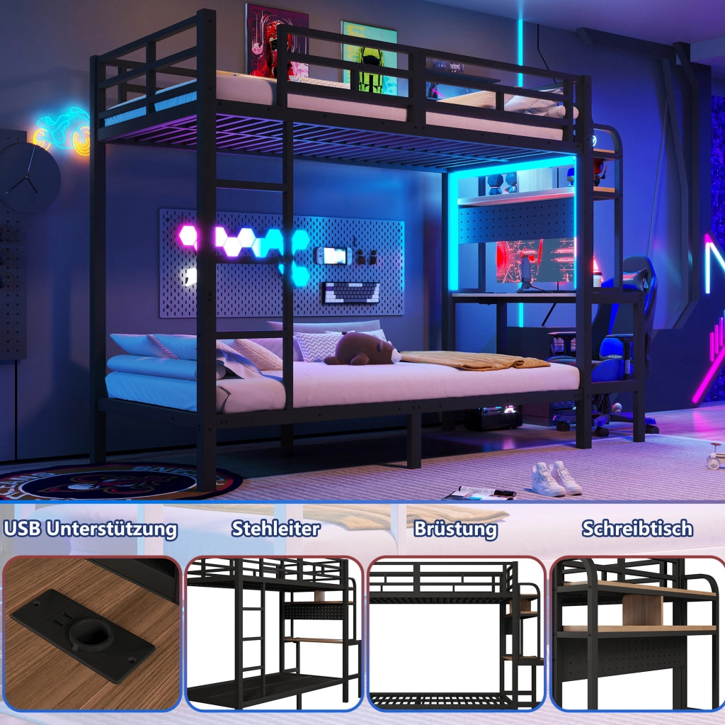 LETTO A CASTELLO 90x200 cm Metallo Nero con scrivania, LED e USB