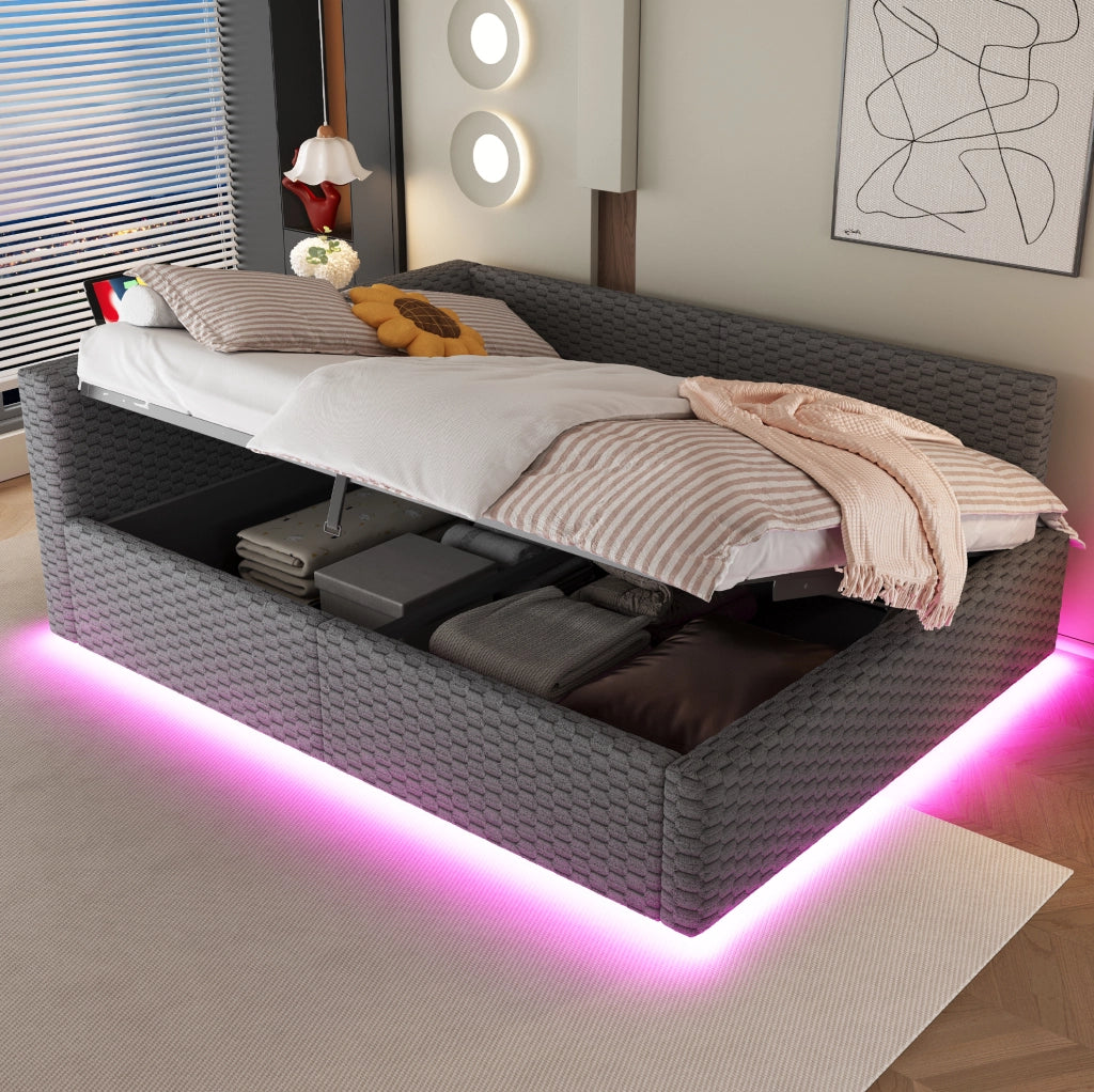Letto imbottito ULEVR 140x200 cm con contenitore idraulico, LED, USB e Type-C, velluto grigio