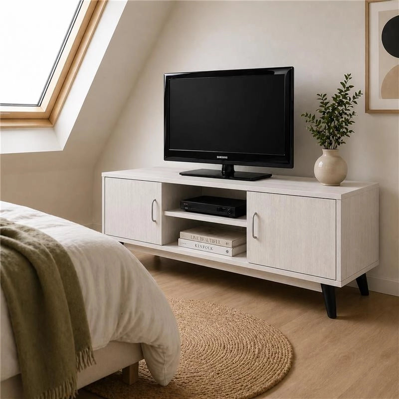 MOBILE TV IN MDF COLOR BIANCO LEGNO CON DUE ANTE E DUE RIPIANI MISURE: 140X38X44CM