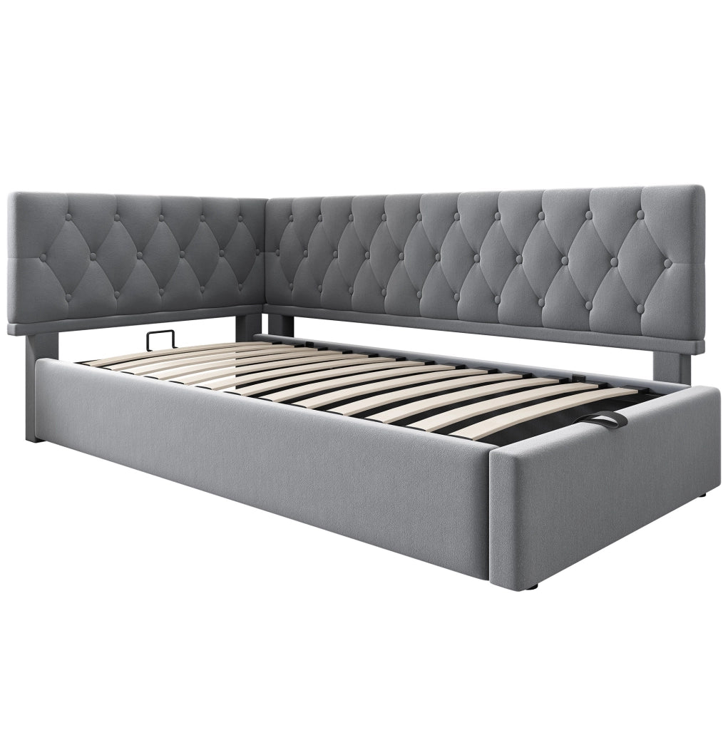 Letto imbottito singolo 90x200 cm in velluto grigio con contenitore idraulico e testiera reversibile