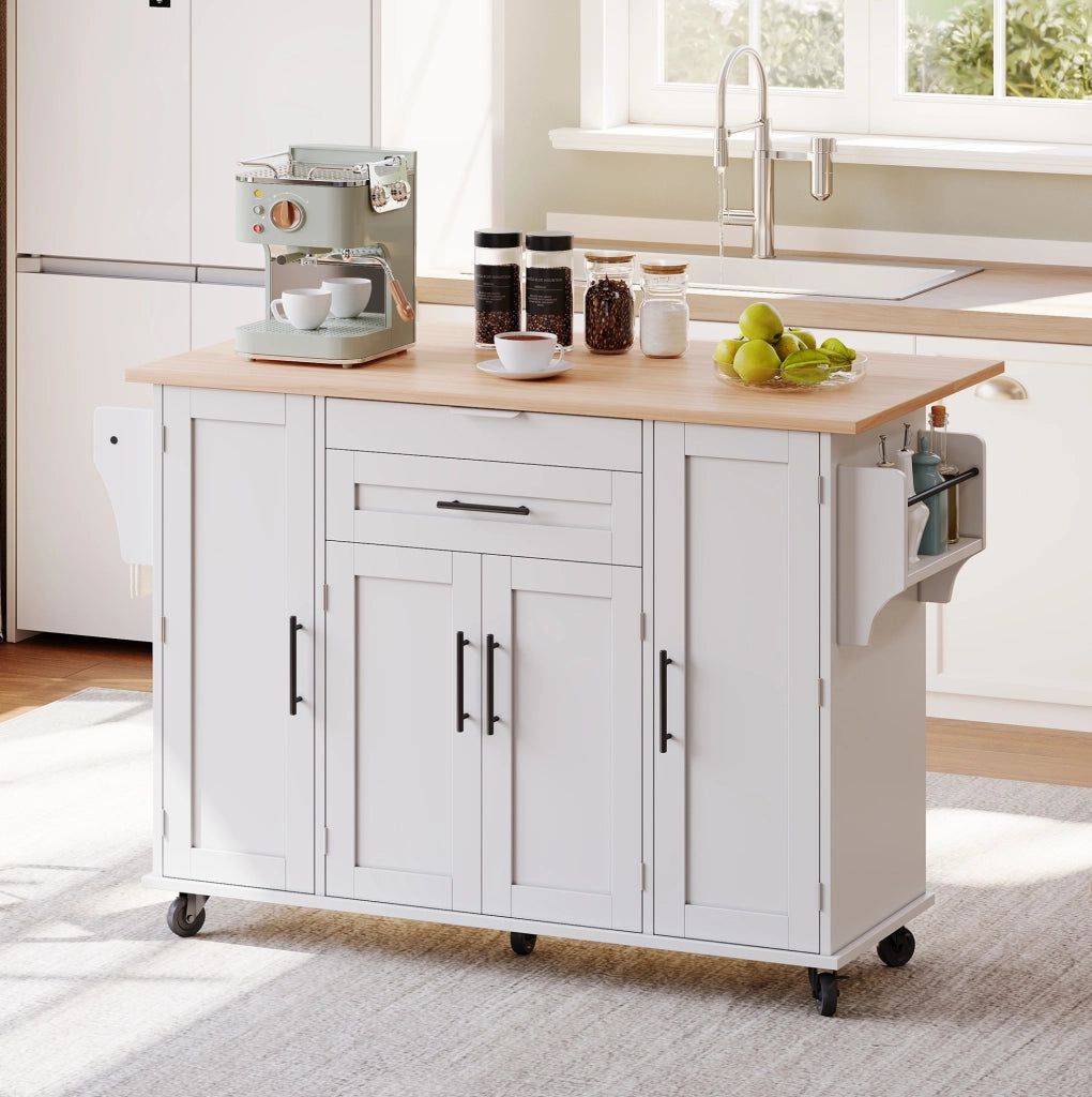 Isola cucina mobile 136x70x92 cm con piano estraibile e cassetto nascosto in MDF bianco e naturale