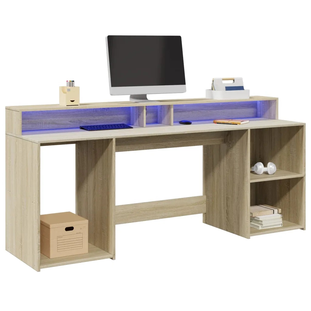 Scrivania con Luci LED Rovere Sonoma 200x55x91cm in Truciolato 3309440