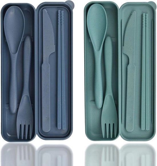 Set di Cucina da Campeggio - 2 Pezzi con Custodia - Cucina da Viaggio in Plastica - Cucchiaio - Coltellino - Forchetta - Spiedini di Cibo - Contenitore di Riposo - Cucina da Campeggio Portatile - Riciclabile - per Pic-Nic